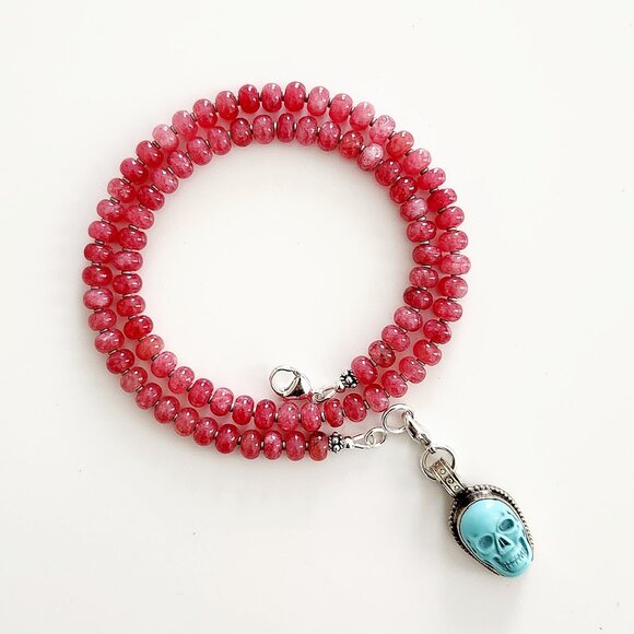 PREMIUM ROSE JADE NECKLACE W/ SKULL PENDANT